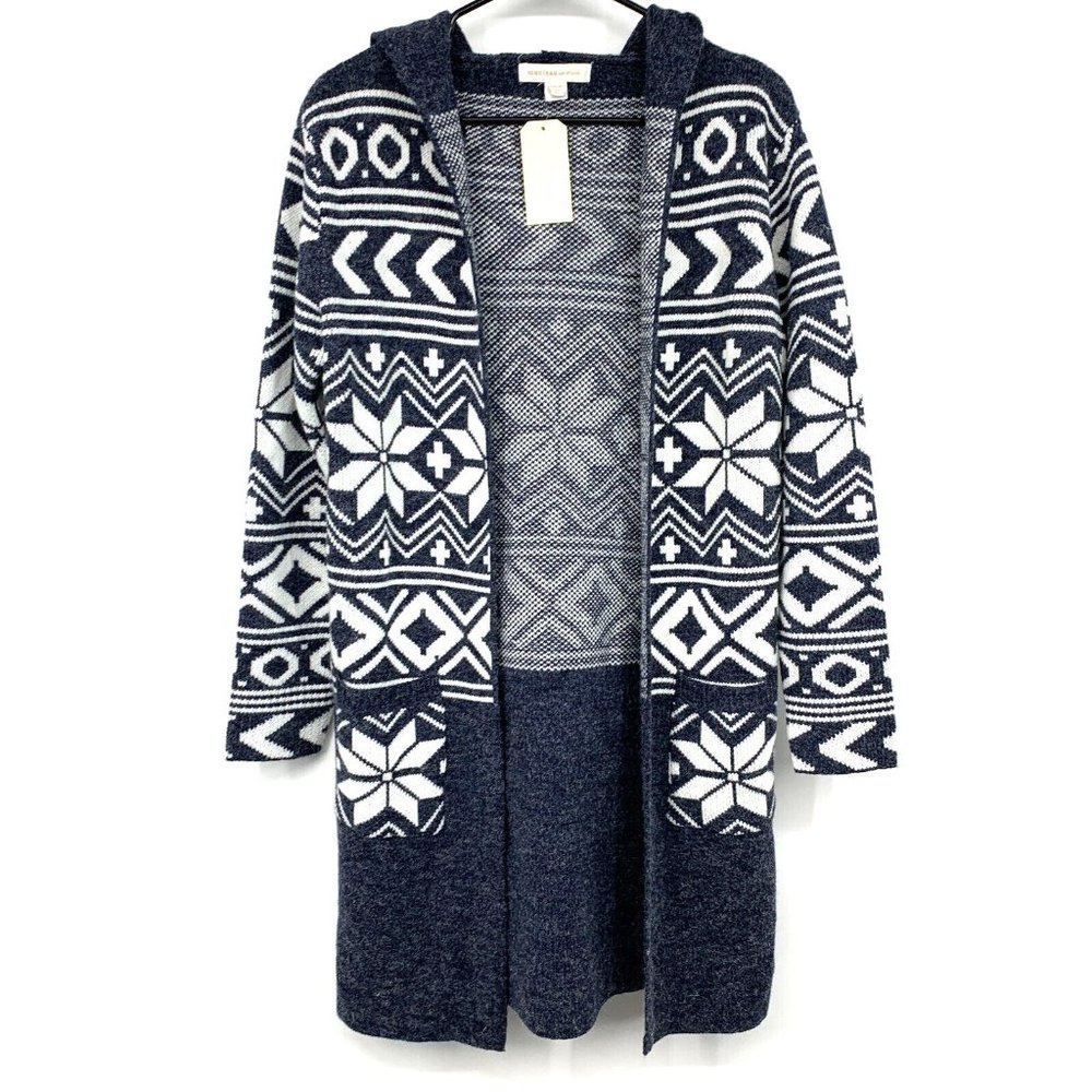 Monteau Cardigan Blue White Hooded Open Front Patterned